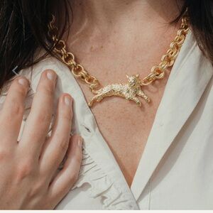 Susan Shaw Gold Tone Chain Necklace with Leopard Pendant